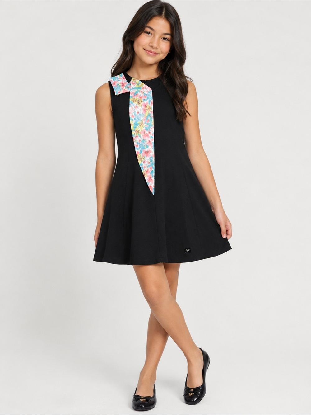Armani Junior Girls' Black Sleeveless A-Line Dress with Floral Tie Detail